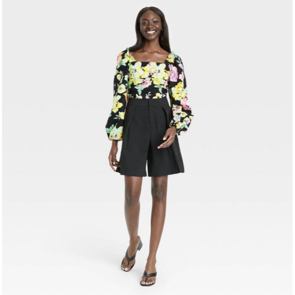 Who What Wear Floral Black Long Sleeve Linen Square Neck Top Size Large NWT! - Picture 7 of 7